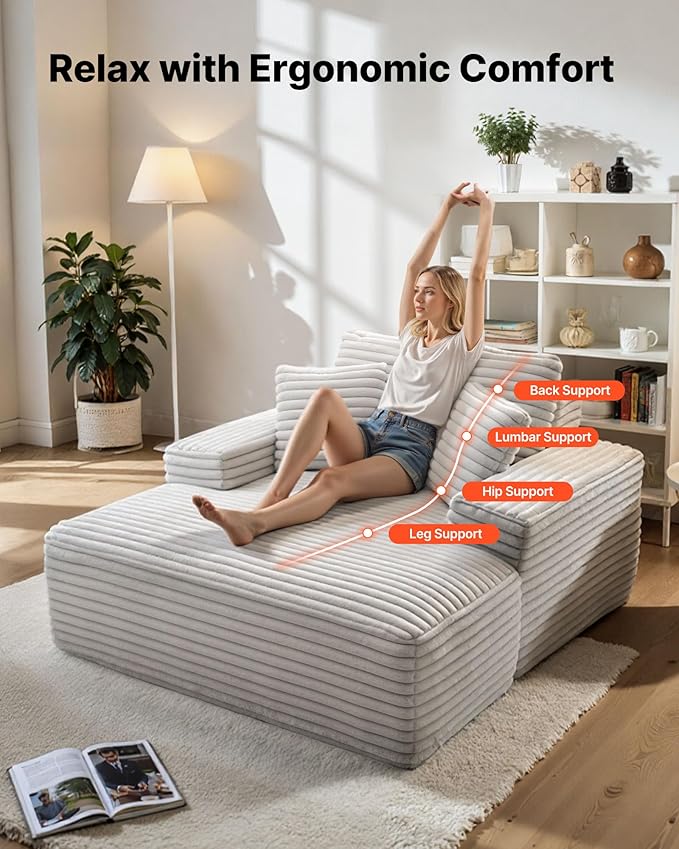 VEVOR Oversized Chaise Lounge Chair 54 Boneless Chaise Lounge Indoor Modern Upholstered Reading Chair with Throw Pillows &amp Armrests Sofa Couch Deep Seat Sleeper for Living Room Bedroom Beige