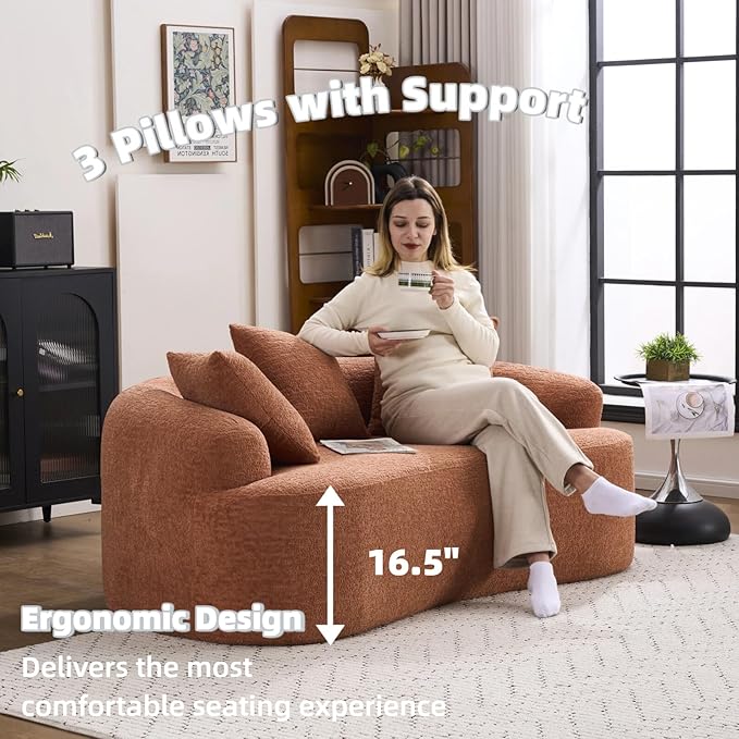 65 Curved LoveseatDeep Seat Cloud Floor Couch with 3 BackrestCozy Chenille FabricSmall Loveseat for Small SpacesBedroomOfficeApartment (Coral 65 Inch)