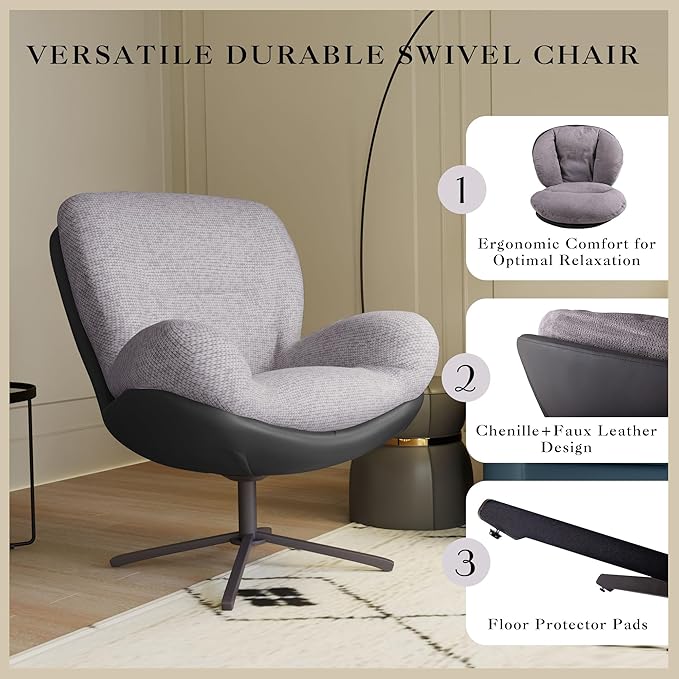 360° Swivel Accent Chair Modern Upholstered Chenille Lounge Chair Faux Leather Club Chair with Metal Base FrameComfy Reading Chair for Small Spaces Living Room Bedroom Office 31.25H Light Gray