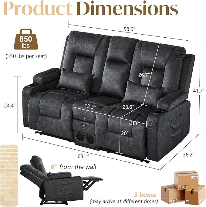 Houjud Manual Reclining Loveseat Sofa with Console Recliner Sofa RV Couch with Bluetooth Speakers USB Charging AC Outlets and Pillow for Home Theater Velvet Gray