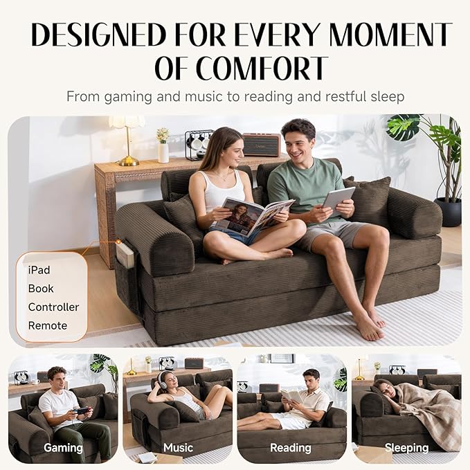 79 Corduroy Sofa Bed Sleeper Couch 6-in-1 Convertible Boneless Floor Futon Loveseat High-Density Foam Couch in a Box with 2 Headrest Pillows No Assembly Brown