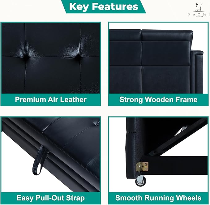 Naomi Home Lily Sectional Sleeper Sofa with USB Ports-L-Shaped Couch Convertible Pull-Out Bed Ample StorageTimeless DesignSturdy ConstructionLong-Lasting for Modern Living - Black Air Leather