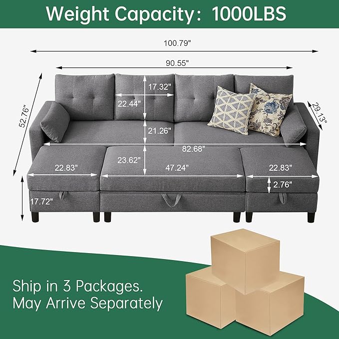 Sectional Sofa Couch Sleeper Sofa Bed 101 Convertible U Shaped Couch with Double Chaise 4-Seat Sofa Set for Living Room Light Grey