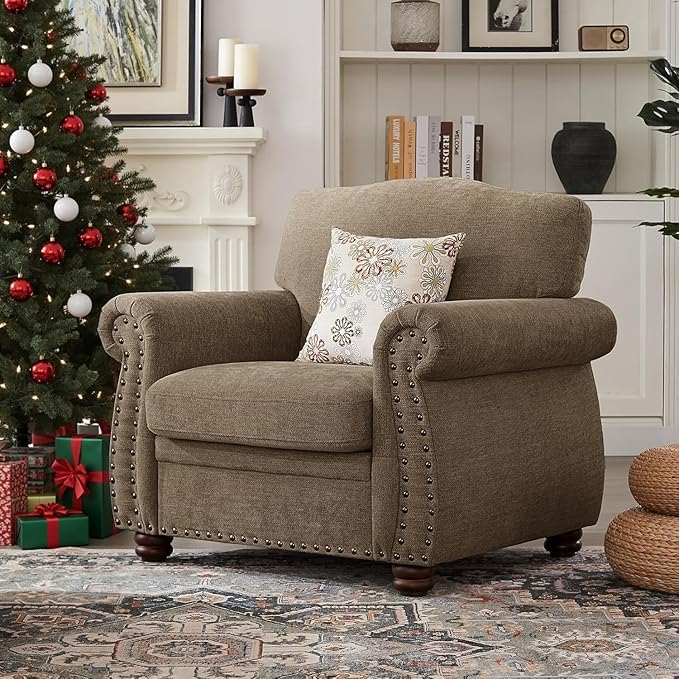 ONBRILL Nailhead Trim Armchair Rolled Arm Accent Chair for Living Room Comfy Chenille Club Sofa Chair w/Springs Cushions &amp Wood Legs Traditional Single Couch Chair for Apartment Farmhouse Bro