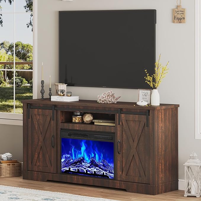AMERLIFE Fireplace TV Stand with Sliding Barn Door for TVs up to 73 Farmhouse 63 Fireplace Entertainment Center with Storage Cabinets/Adjustable Shelves Reclaimed Barnwood