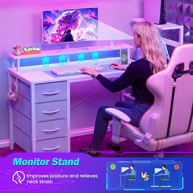 59 Inch Gaming Desk with LED Lights and Power Outlets Computer Desk with Storage Shelves Fabric Drawers Monitor Stand &amp Side Hook Reversible Gamer Table for Home Office Carbon Fiber White