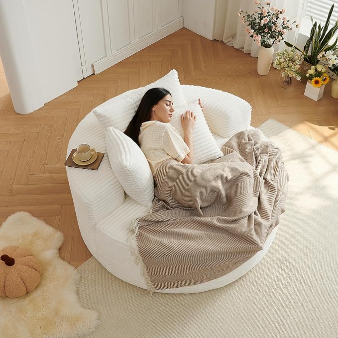 55''L Oversized Round Chaise Longue Chair Indoor Corduroy Sponge Single Sofa Oversized Round Chairs Modern Sleeper Chair for Living RoomProjection Room Wide Armrest Chairs Beige