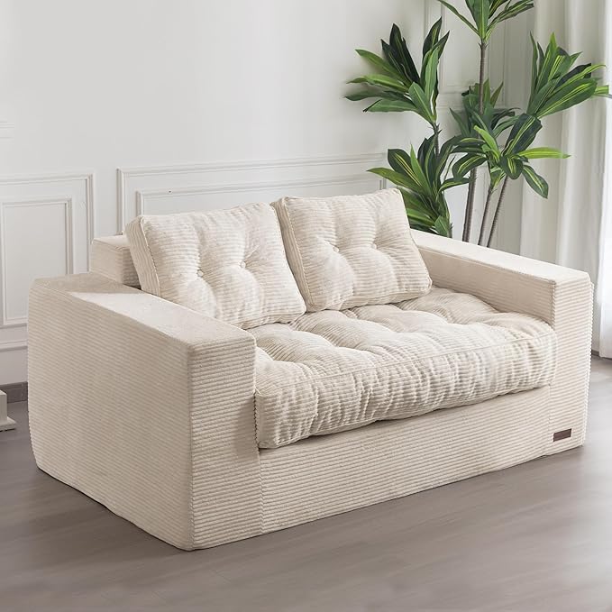 MAXYOYO Bean Bag Chair for Adults Upholstered Floor Sofa with Armrests Loveseat Boneless Couch with Tufted Cushion &amp Backrest Sofa in A Box Large Bean Bag Couch for Bedroom Living Room Beige
