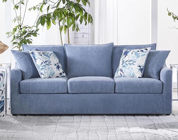 New Classic Furniture Sylvie Polyester 3-Seater Sofa Couch with 4 Accent Pillows Blue Slate