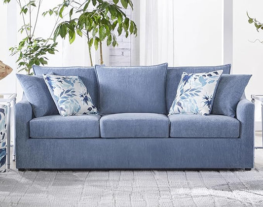 New Classic Furniture Sylvie Polyester 3-Seater Sofa Couch with 4 Accent Pillows Blue Slate