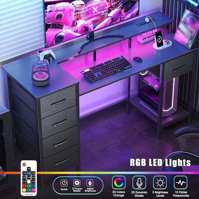 47 Inch Computer Gaming Desk with Power Outlets &amp LED Lights Reversible Home Office Desk with Adjustable 5 Fabric Storage Drawers for Working Writing Study Carbon Fiber Black