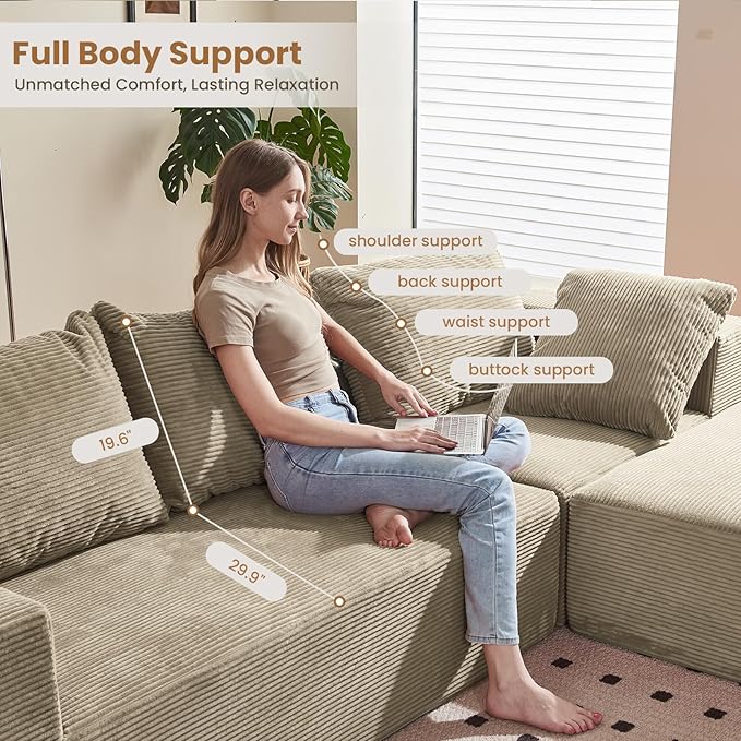 108 L-Shaped Boneless Couch Modular Sectional Sofa with Moveable Ottoman Corduroy Cloud Couches for Living Room No Assembly Ship in a Box Camel