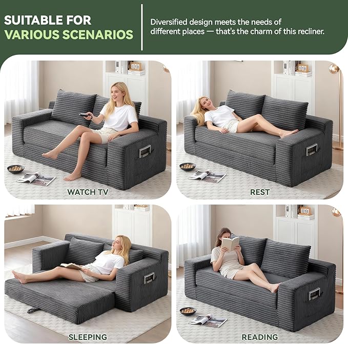 73 Convertible Sofa Bed Pull Out Boneless Loveseat Sleeper Sofa Corduroy Foldable Couch Bed with Storage Bag No Assembly Couch in a Box for Living Room Apartment (Grey)