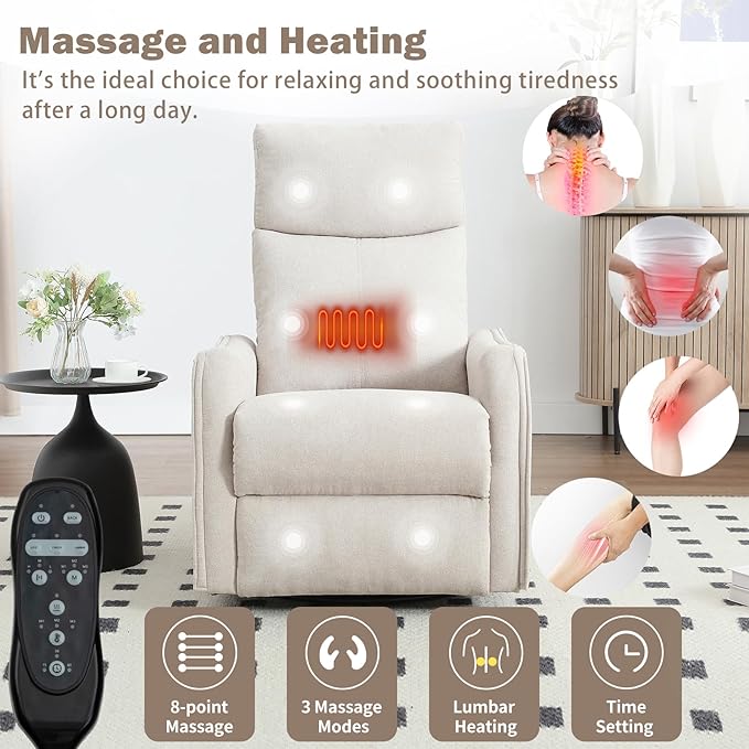 cinkehome Swivel Rocker Recliner Chair with Heated Massage Rocking Reclining Chairs for Nursery Small Spaces High Back Side Pocket