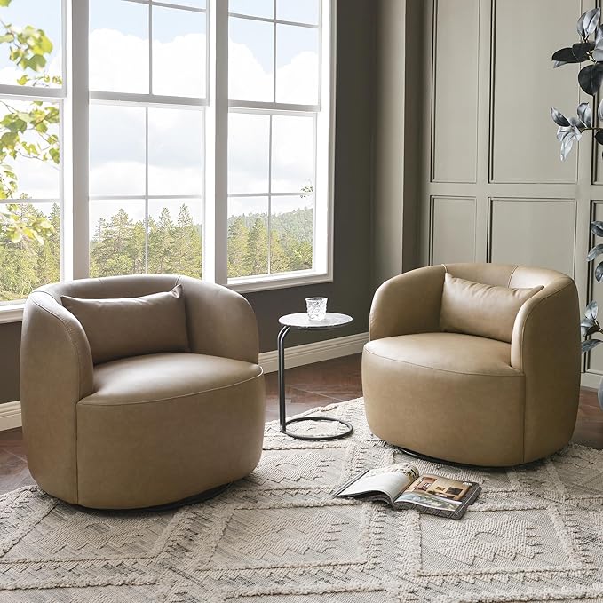KINWELL Faux Leather Swivel Armchair Set of 2 No Assembly Upholstered PU Leather Swivel Accent Chairs with Toss Pillow for Living Room Office Lounge Khaki