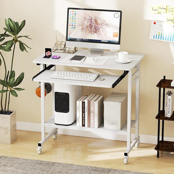 Tangkula Rolling Computer Desk Cart with Keyboard Tray Mobile Portable Laptop PC Desk with CPU Stand &amp 3 Hooks for Sofa &amp Bed Compact Small Desk on Wheels for Small Spaces (White)