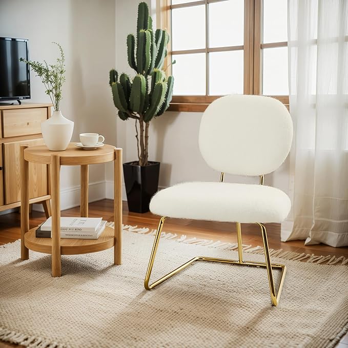 Art Leon Modern Vanity Chair with Back - Furry Upholstered Makeup Chair Living Room Side Chair Modern Accent Chair with Metal Legs for Bedroom Living Room Makeup Studio Manicure Shop White