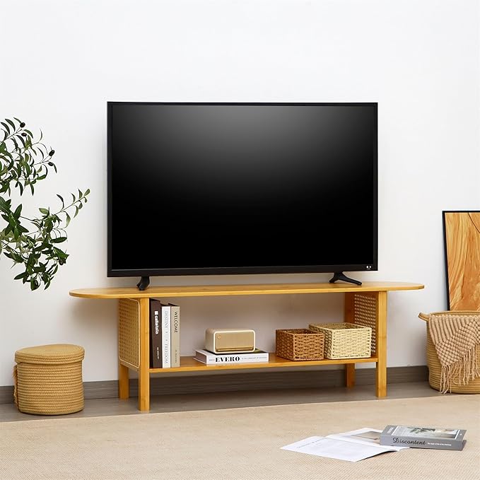 Bamboo TV Stand for TVs up to 65 Accent Entertainment Center with Storage Media Console Table with Rattan Modern TV Stand for Living Room Bedroom 55(L) Burlywood