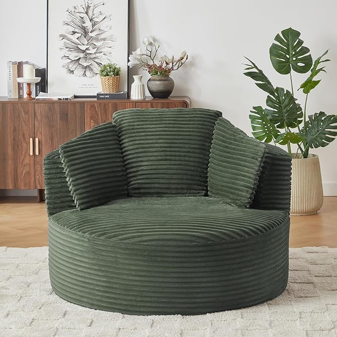 Antetek 48.8-inch Round Chair Modern Accent Corduroy Comfy Deep Seat Boneless Foam Floor Single Circle Chaise Sofa Chair with 3 Pillows for Living Room Bedroom Office No Assembly Required Green
