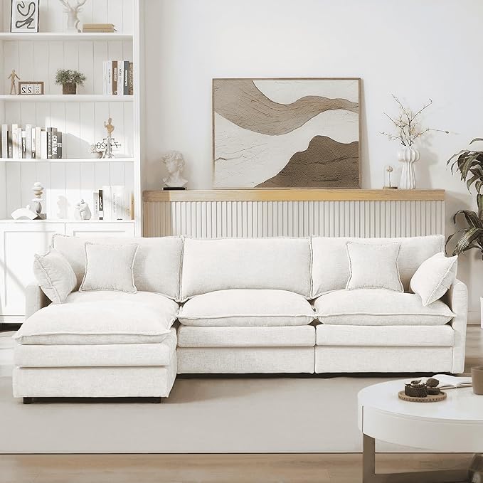 Homy Casa 102 Inch L Shaped Couch Set3-Seat Sectional Sofa with Chaise Comfortable Chenille Fabric Removable Cushions Ottoman DIY CombinationModern Design for Living/Family Room – Beige