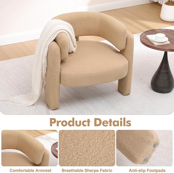 Accent Chairs Set of 2 Modern Sherpa Barrel Chairs Upholstered Living Room Chairs with 3 Legs Comfy Armchair Reading Side Chair for Bedroom Office Apartment Khaki