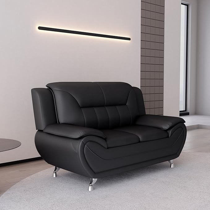 Michael Modern Faux Leather Upholstered Stainless Steel Legs Living Room Loveseat Midnight Black