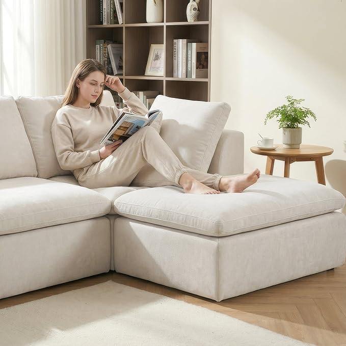 Boneless Sectional with Chaise 110 L-Shaped Cloud Couch for Living Room Deep Seat Chenille Floor Sofa Frameless Modular Lounge Set (Beige Right Facing Chaise)