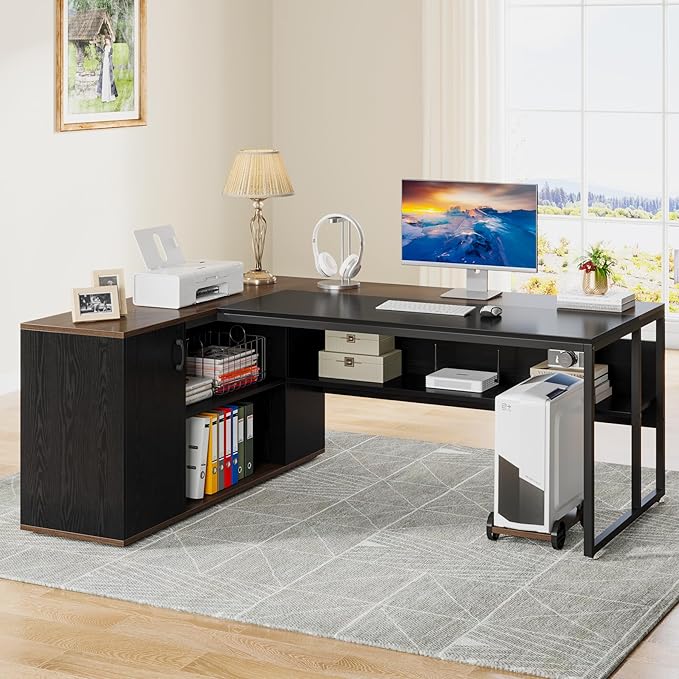 Tribesigns 71 inch Executive Desk L Shaped Desk with Cabinet Storage Executive Office Desk with Shelves Business Furniture Workstation for Home Office Black and Brown