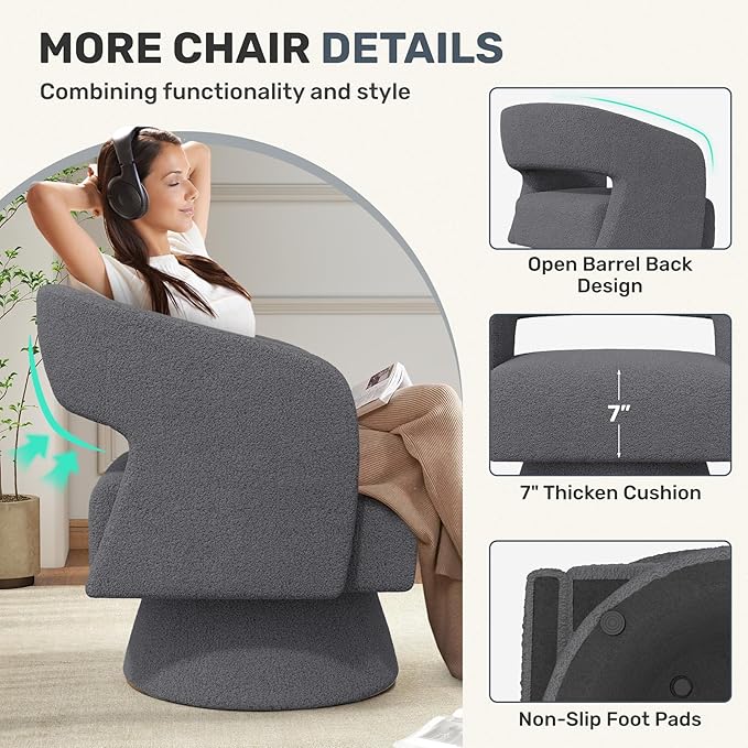 Swivel Accent Chair Modern Comfy Teddy Barrel Chairs Oversized Upholstered Round Arm Chair for Living Room Bedroom Reading Room Dark Grey 1 PCS