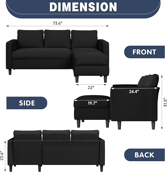 Shintenchi Convertible Sectional Sofa CouchL-Shaped Modular Sofas with Reversible Ottoman3-Seat Upholstered Corduroy Sofa CouchSmall Couches for ApartmentLiving Room and Office(Black)