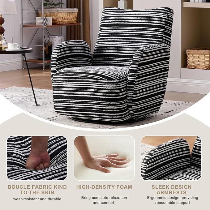 360° Swivel Accent Chair with Armrest Modern Striped Upholstered Lounge Chair Stable Round Base &amp Sturdy Metal Frame Armchair for Bedroom Living Room Office &amp Vanity (Black)