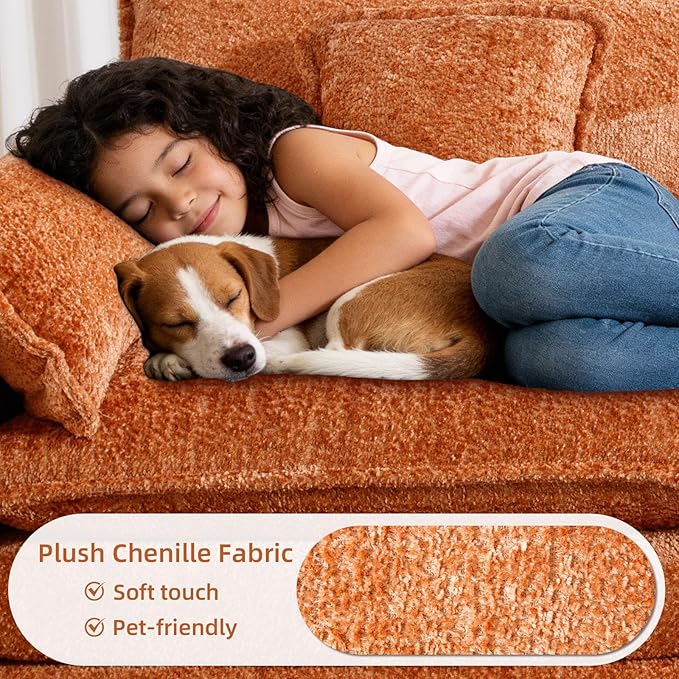 GNIXUU 112 Orange Cloud sectional Couch Modern Chenille L Shaped Couches for Living Room Comfy 4 seat Modular Sofa with Moveable Ottoman &amp Memory Foam