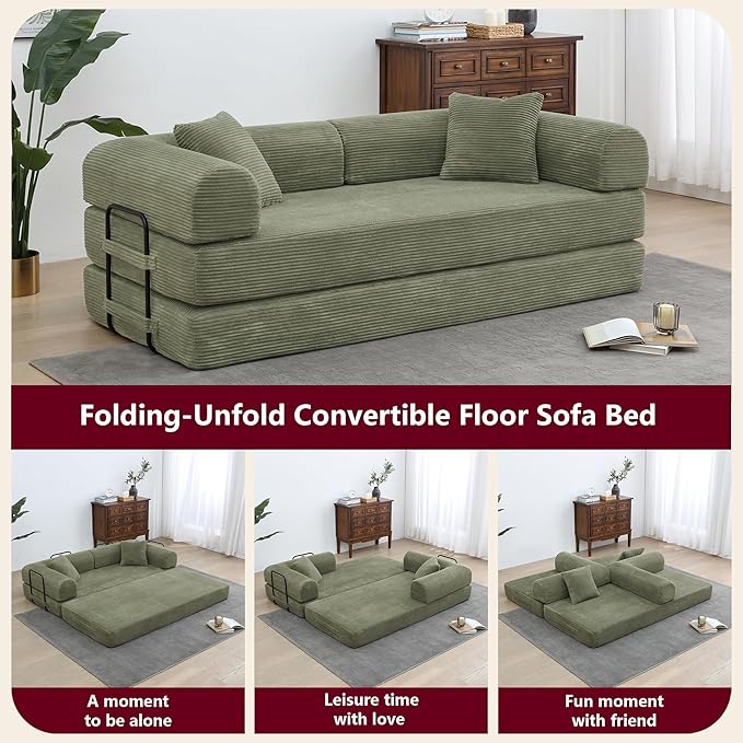 JJJ 78 inch Sofa Bed 4-in-1 Boneless Convertible Corduroy Sleeper Folding Couch with Fixed-Shape Frame and 2 Futons No Assemble Required 3 Seater Upholstered for Living Room (Light Green 78inch)