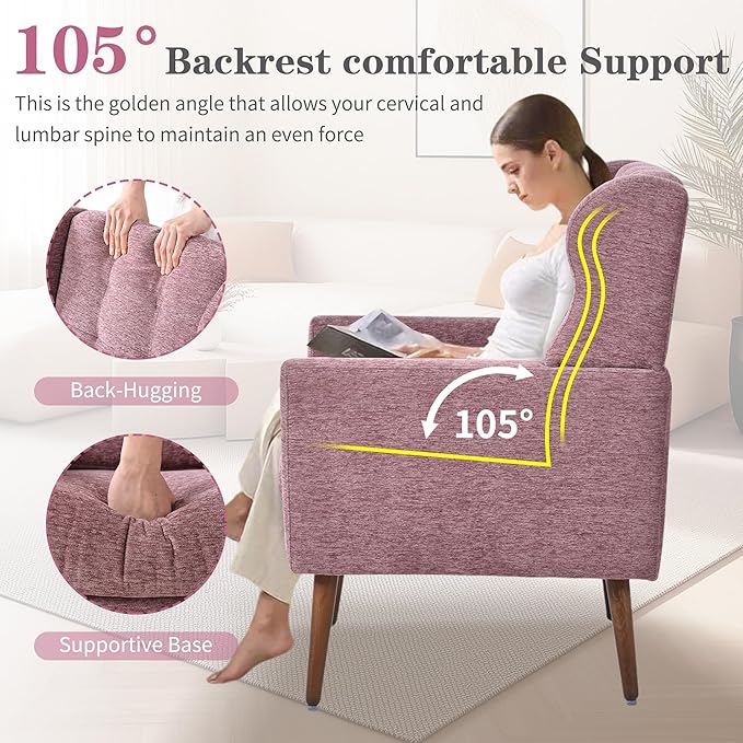 Modern Accent Chair Upholstered Armchair with Pillow Fabric Single Sofa Chair with Lounge Seat Solid Wood Legs Accent Chair for Living Room Bedroom Small Spaces (Purple)