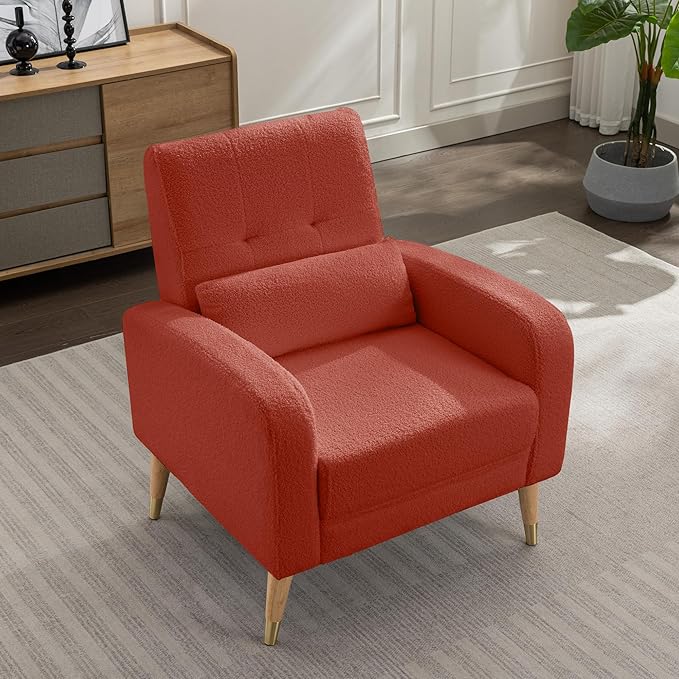 Dolonm Mid-Century Modern Accent Chair Upholstered Armchair Living Room Chair Comfy Single Sofa Chair with Sturdy Legs for Living Room Bedroom Red