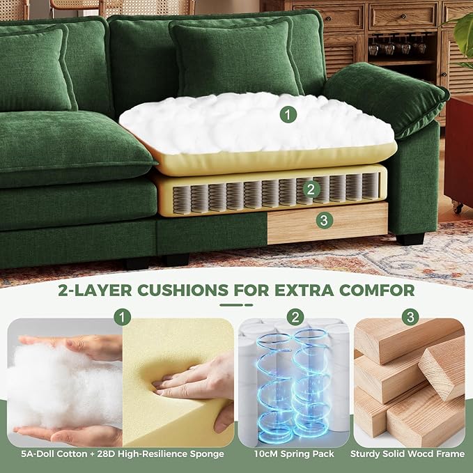CDCASA 117 Oversized L-Shaped Modular Sectional Cloud Couch with Corner Comfy 4-Seat Sofa Chenille Deep Seat Modern Sofa Couch for Living Room Apartment DIY Combination Green