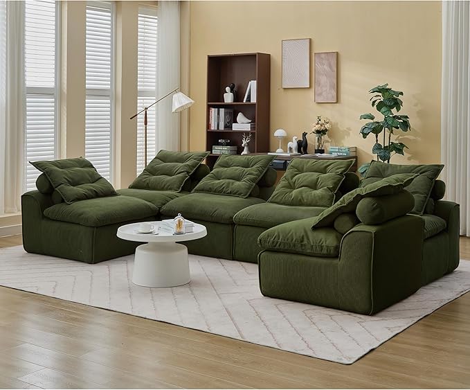 JUSTONE Modular Sectional Sofa CouchNo Armrests Floor SofaNeck Pillow-Back Lounge Sofa ChairSoft Corduroy FabricDurable SupportSmall Sofa for Living RoomApartment Guest Room6 SeatsGreen