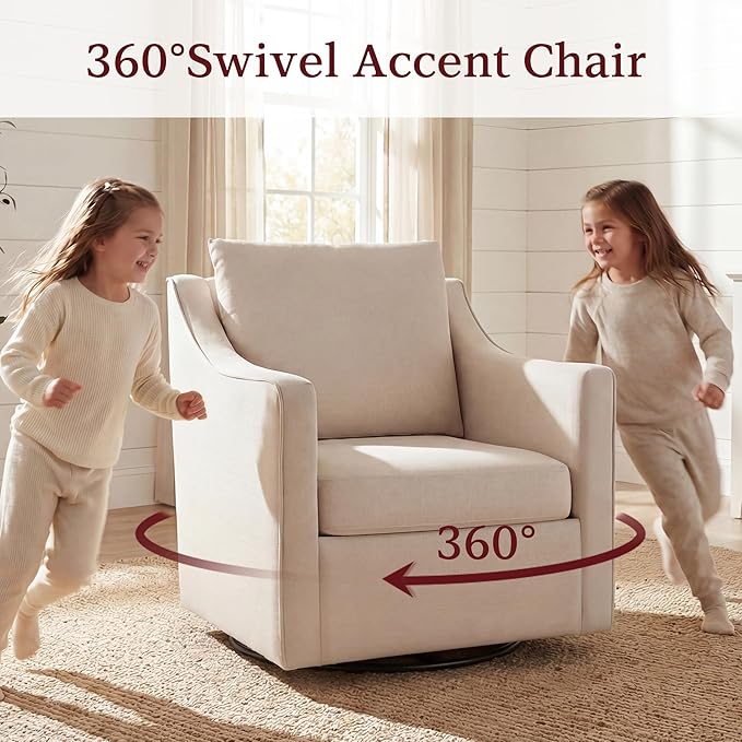 ANJ 360° Swivel Accent Chair Set of 2Large Comfy Fabric Reading Chair with Wide Curved Back and Soft Pillows Mid Century Modern Chair for Living Room and Bedroom Wheat