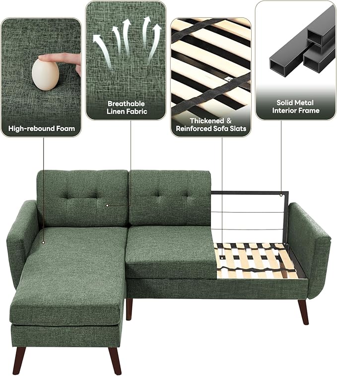 Tbfit L Shaped Couch Sofa 80 W Mid-Century Modern Sectional Couches 3 Seater Sofas with Wide Chaise Lounge Button Tufted Upholstered Sectional Sofa for Living Room Bedroom Green | linen fabric