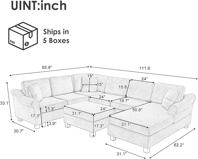 P PURLOVE Sectional Sofa Velvet Large Sectional Sofa with Right Side Chaise Wide Chaise Lounge Couch with Ottoman for Living Room (White)