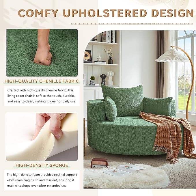 360° Swivel Barrel Chair - Oversized Round Sofa Chair and A Half with Pillows Comfy Modern Upholstered Chenille Deep Seat Circle Chaise Lounge for Living Room Bedroom Office Hotel (Moss Green)