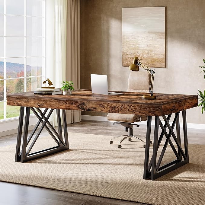 Tribesigns 63-Inch Executive Desk Farmhouse Office Computer Desk with Sturdy X-Shaped Legs Large Writing Table Business Furniture Workstation for Home Office Study (Rustic Brown &amp Black)
