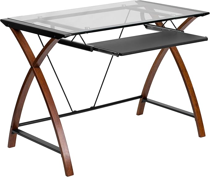 Flash Furniture Jude Tempered Glass Computer Desk with Pull-Out Keyboard Tray and Crisscross Frame Small Computer Desk for Home Office Cherry/Clear