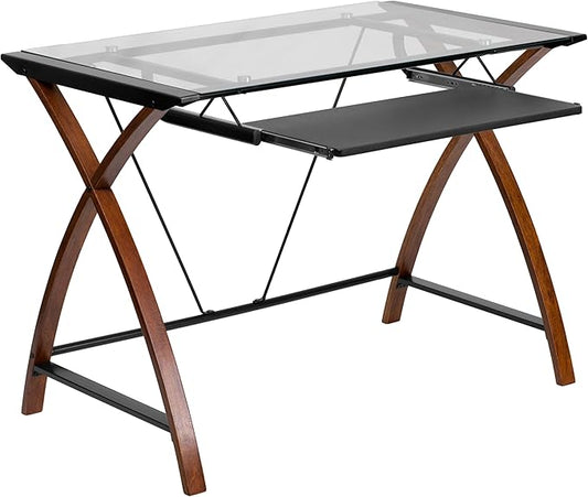 Flash Furniture Jude Tempered Glass Computer Desk with Pull-Out Keyboard Tray and Crisscross Frame Small Computer Desk for Home Office Cherry/Clear
