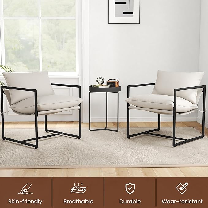 Modern Accent Chair with Armrest Set of 2 Cozy Upholstered Living Room Chair Square Metal Frame &amp Soft Sponge Cushion 28x28x32 Easy Assembly Beige