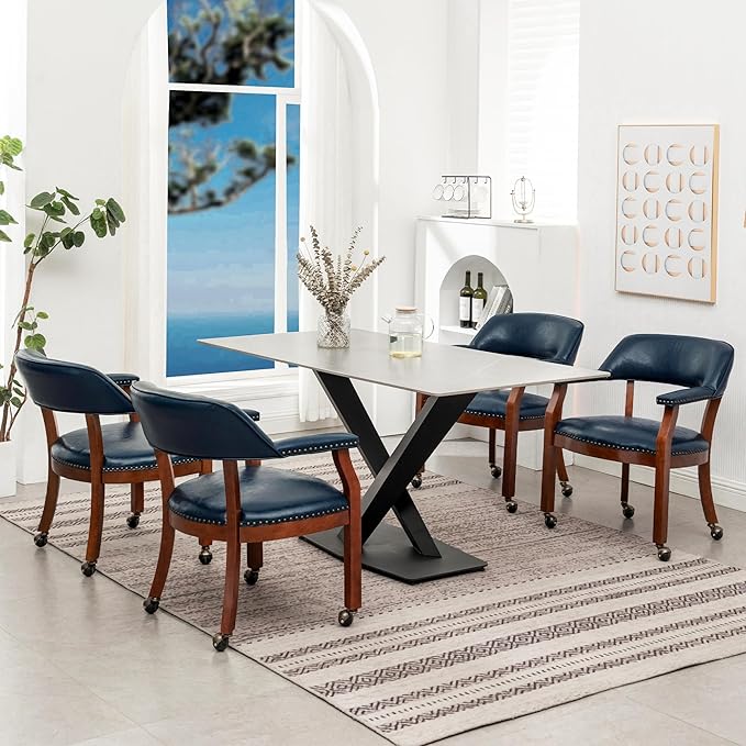 Convenience Concepts Take a Seat Dillon Armchair with Wheels in Blue Vegan Leather Fabric and Wood