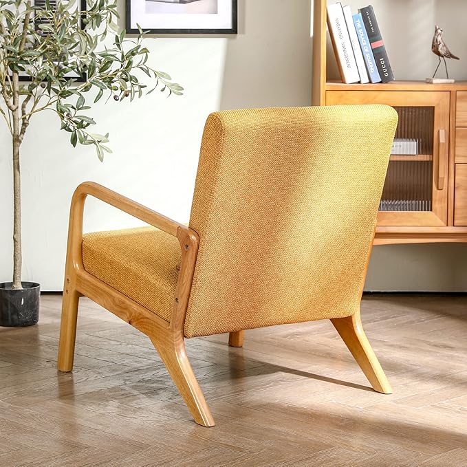 ELUCHANG Mid-Century Modern Accent Chair Upholstered Premium Linen Fabric Armchair with Wooden Frame LegsComfy Living Room Chairs Lounge Chair for Bedroom (Yellow 2 PCS)