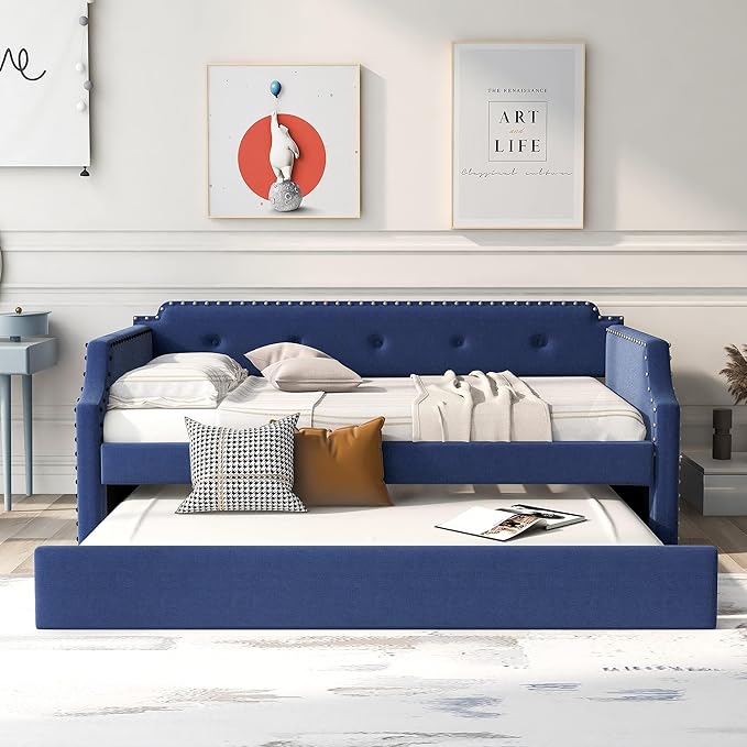 Flieks Twin Upholstered Daybed Linen Fabric Upholstered Tufted Sofa Bed with Trundle Sofa Bed Trundle Daybed with Wood Frame (Blue)