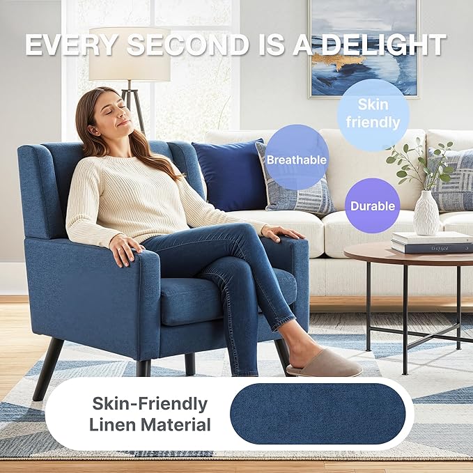 Mid-Century Modern Accent Chair Plush Linen Fabric with Button Tufted High Back &amp 5 Thick Cushion High Comfort Reading Chair for Living Room Bedroom Office (Blue)
