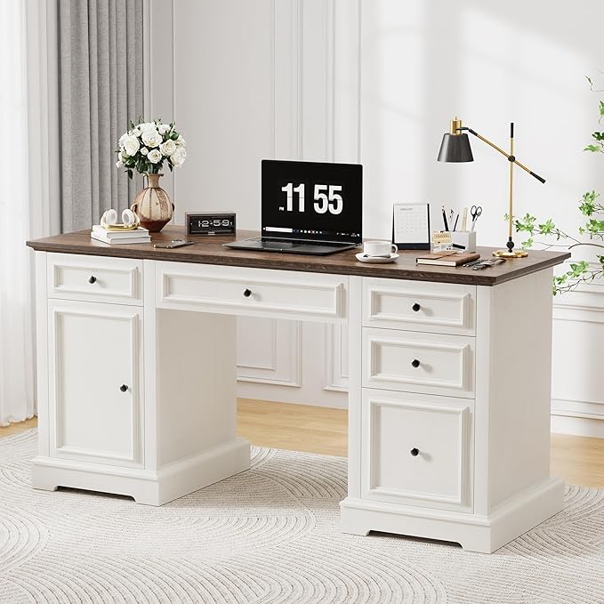 Vipbear 60 Farmhouse Executive Desk with Drawers and Cabinet Embossed Texture Wood Home Office Desk Rustic Computer Writing Desk Workspace for Work Study Writing